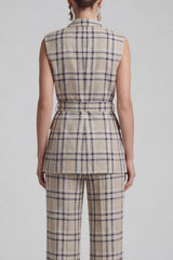 Grey Grid 2 Piece Peaked Lapel Women's Linen Suits with Pockets