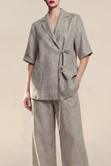 Notched Lapel 2 Piece Grey Women's Linen Suits with Half Sleeves