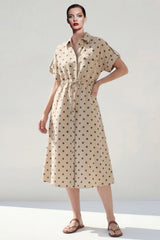 Polka Dot A Line Khaki Midi Work Dress with Short Sleeves