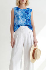 2 Piece Blue Printed Sleeveless Women's Linen Suits
