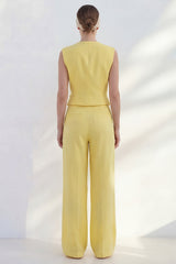 Yellow 2 Piece V Neck Sleeveless Women's Linen Suits