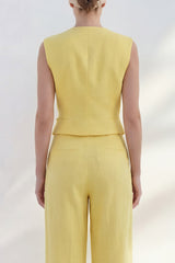 Yellow 2 Piece V Neck Sleeveless Women's Linen Suits