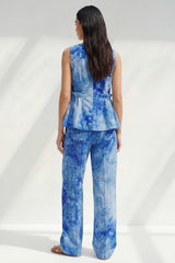2 Piece Blue Bateau Neck Printed Women's Linen Suits