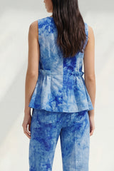 2 Piece Blue Bateau Neck Printed Women's Linen Suits