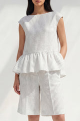 White Stripe 2 Piece Women's Linen Suits with Ruffles