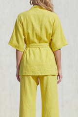Yellow 2 Piece Half Sleeve Women's Linen Suits with Sash