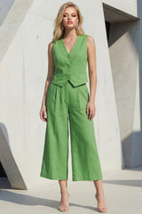 Green 2 Piece Sleeveless V Neck Women's Linen Suits