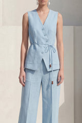 Blue 2 Piece Sleeveless Women's Linen Suits with Pockets