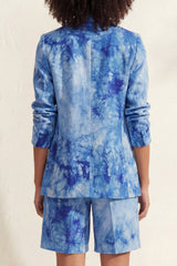 Notched Lapel Blue 2 Piece Printed Women's Linen Suits