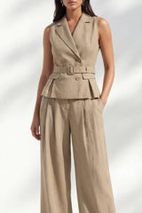 Khaki 2 Piece Notched Lapel Women's Linen Suits with Belt