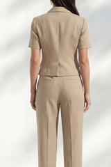Notched Lapel Khaki 2 Piece Women's Linen Suits with Short Sleeves