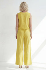 Yellow Sleeveless 2 Piece V Neck Women's Linen Suits