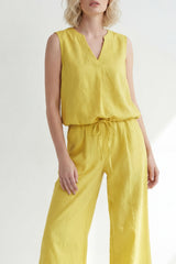 Yellow Sleeveless 2 Piece V Neck Women's Linen Suits