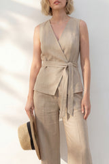 2 Piece Sleeveless Khaki Women's Linen Suits with Sash