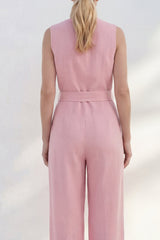 Sleeveless Pink Women's Linen Jumpsuits with Sash