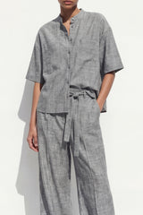 Grey 2 Piece Women's Linen Suits with Half Sleeves