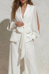 Notched Lapel White Ruched Women Suits with Bow
