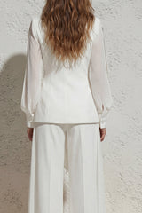 Notched Lapel White Ruched Women Suits with Bow