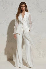 Ruffled Notched Lapel 2 Piece White Women Suits with Pockets