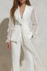 Ruffled Notched Lapel 2 Piece White Women Suits with Pockets