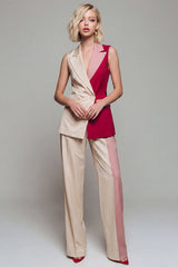 Notched Lapel ColorBlock Light Khaki 2 Piece Sleeveless Women Suits