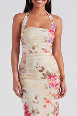 Halter Floral Champagne Printed Bodycon Wedding Guest Dress