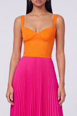 ColorBlock Orange and Fuchsia Pleated A Line Formal Dress