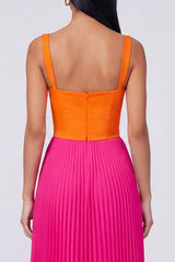 ColorBlock Orange and Fuchsia Pleated A Line Formal Dress