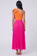 One Shoulder Bowed ColorBlock Orange and Fuchsia A Line Formal Dress