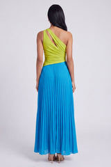 ColorBlock One Shoulder Pleated Green and Blue A Line Formal Dress