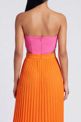 Strapless ColorBlock Pleated Pink and Orange A Line Formal Dress