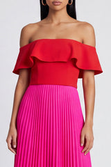 Off the Shoulder Pleated Ruffled ColorBlock Fuchsia and Red Formal Dress