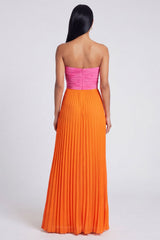 Strapless Pink and Orange ColorBlock Pleated A Line Formal Dress