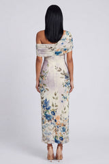 Ivory Asymmetrical Neck Printed Ruched Sheath Wedding Guest Dress