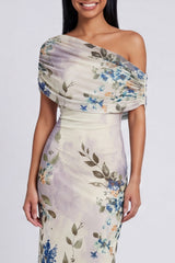 Ivory Asymmetrical Neck Printed Ruched Sheath Wedding Guest Dress