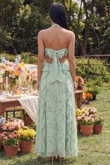 Halter Dusty Sage A Line Cut Out Wedding Guest Dress with Ruffles