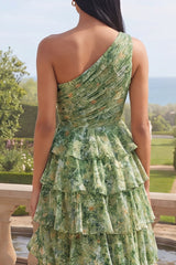 Tiered One Shoulder Dusty Green Ruched Wedding Guest Dress