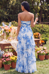 White Blue Floral Strapless Ruffled A Line Maxi Wedding Guest Dress