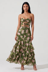 Strapless Cut Out Dark Green Floral Mermaid Wedding Guest Dress
