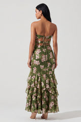 Strapless Cut Out Dark Green Floral Mermaid Wedding Guest Dress