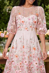 Floral Pink Round Neck A Line Midi Wedding Guest Dress
