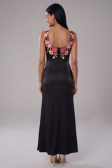 Black Floral Appliqued Mermaid Wedding Guest Dress with Slit