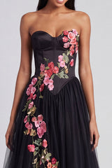 Strapless Floral Corset Pleated A Line Black Wedding Guest Dress
