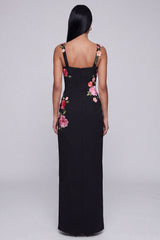 Floral Black Sheath Maxi Wedding Guest Dress with Slit