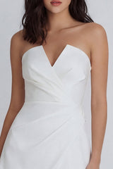 Strapless Ruched A Line Mini White Dress
