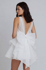 A Line Ruffled V Neck Mini White Dress with Bow