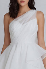 A Line One Shoulder Mini White Dress with Ruffles