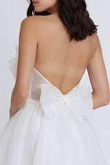 A Line Strapless Backless Mini White Dress with Bow