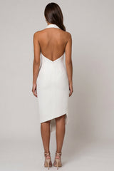 Halter Peaked Lapel White Bodycon Midi Work Dress