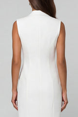 Notched Lapel White Bodycon Sleeveless Midi Work Dress